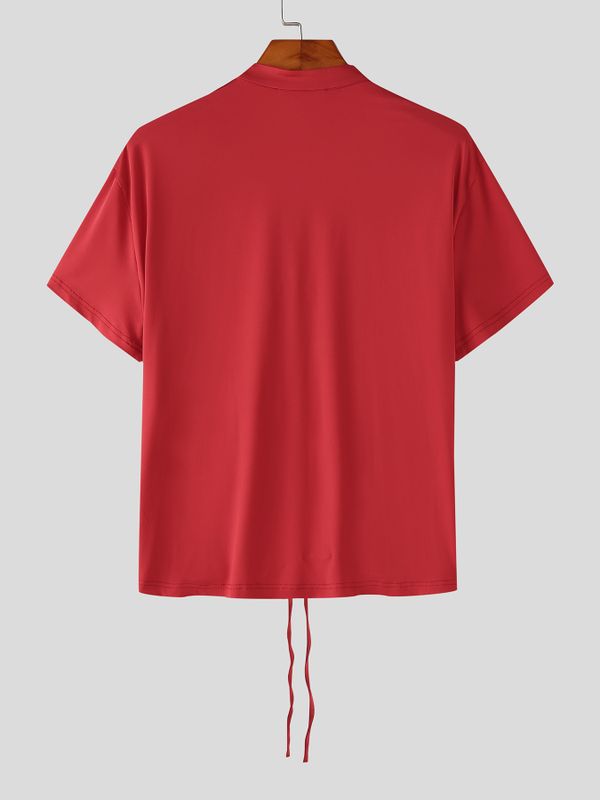 Men's Lace-Up Open Front Mandarin Collar Slim Fit Short Sleeve T-shirt SKUL57500