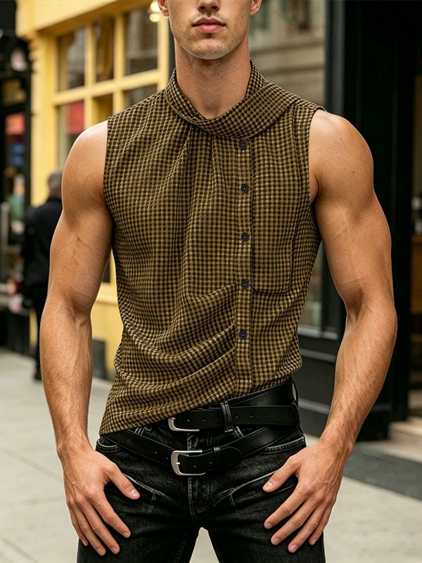 Men's Avant-Garde Asymmetrical Striped Sleeveless High Neck Deconstructed Shirt SKUL65183