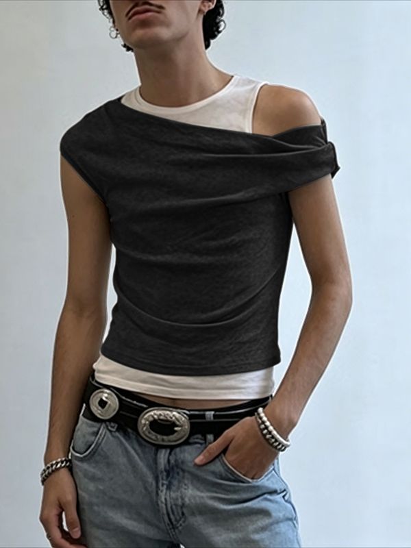 Men's Avant-Garde Asymmetrical Off-the-Shoulder Draped Tank SKUL65198