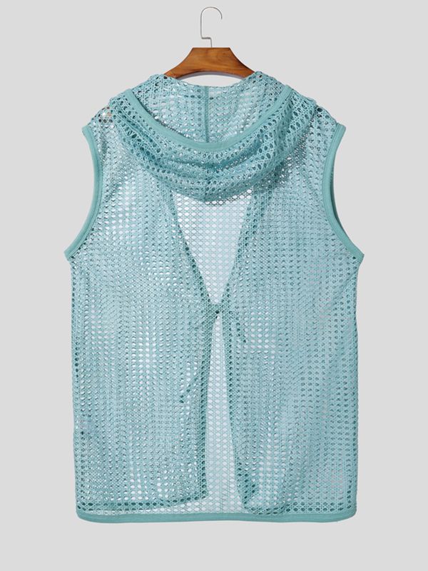 Men's Beach Resort Sheer Crochet Mesh Sleeveless Hooded Longline Cardigan SKUL71411