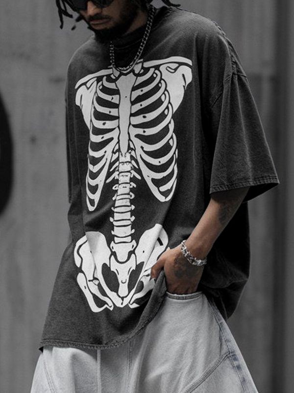 Men's Streetwear Oversized Vintage Wash Skeleton Print Streetwear T-shirt SKUL54753