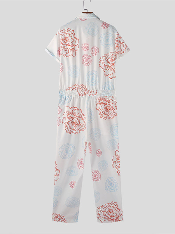 Mens Floral Print Lapel Short Sleeve Jumpsuit SKUK04198