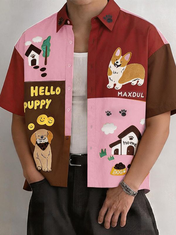Men's Japanese Harajuku Playful Cartoon Print Short Sleeve Shirt SKUL72692