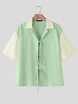 Men's Color Block Drawstring Patchwork Short Sleeve Shirt SKUL39357