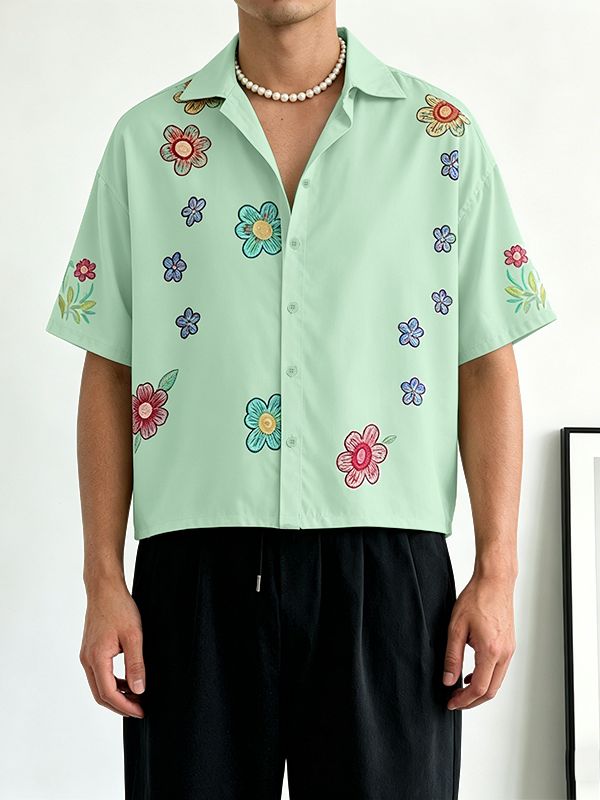 Men's Vintage Multicolored Floral Print Cropped Short Sleeve Shirt SKUL63058
