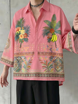Men's Bohemian Tropical Print Oversized 3/4 Sleeve Pullover Shirt SKUL67355