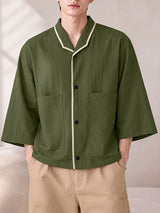 Men's Early Autumn Urban Casual Piped Edge Button Down Wide 3/4 Sleeve Lapel Collar Shirt SKUL81910