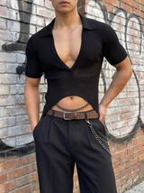 Men's Solid Color Textured Lapel Short Sleeve Shirt SKUL57814