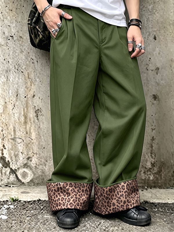 Men's Retro High Street Leopard Turn-Up Cuff Pleated Full Length Wide Leg Pant SKUL79225
