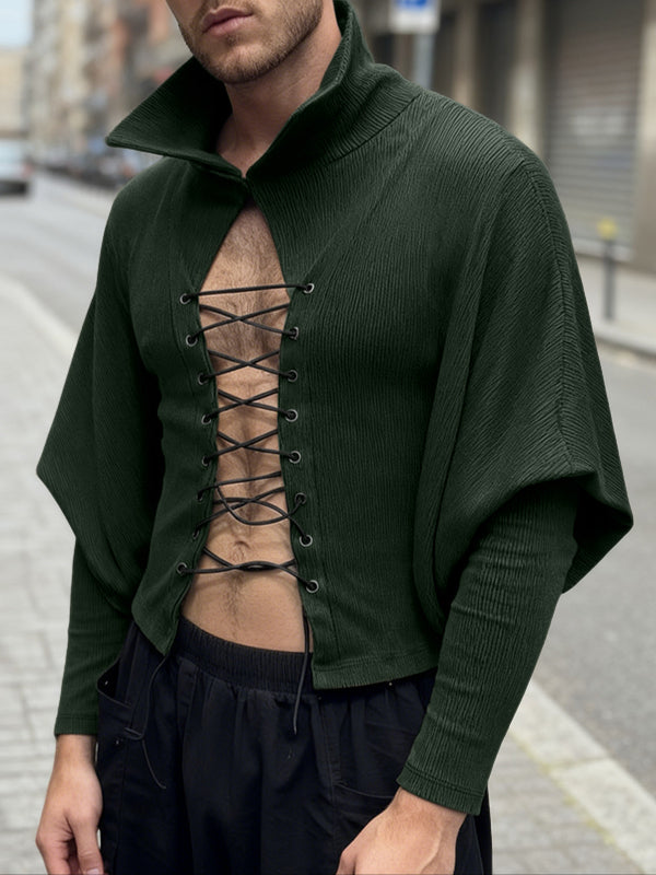 Men's Solid Color Textured Drawstring Long Sleeve Shirt SKUL42338