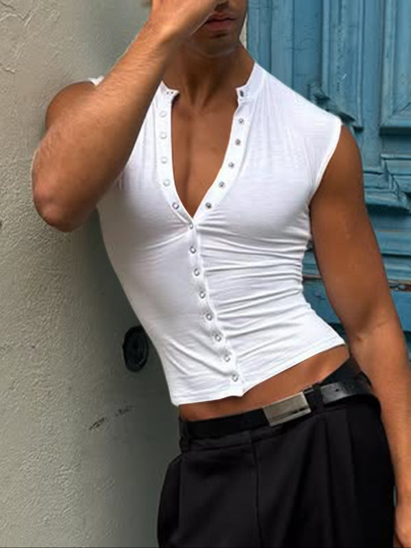 Men's Solid Color Textured Button Tank SKUL46091