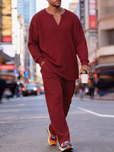 Men's Clean Fit Quiet Luxury Ribbed Knit Texture Split V-Neck Two Pieces Outfit SKUL83950