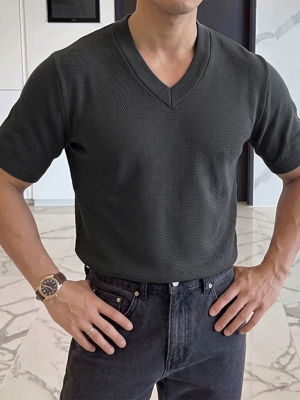 Men's Smart Casual Textured Slim Fit V-Neck Short Sleeve T-shirt SKUL69522