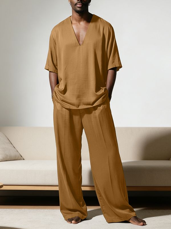 Men's Minimalist Solid Color V Neck Two Pieces Outfit SKUL53964