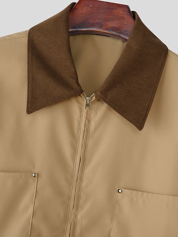 Men's Solid Corduroy Collar Long Sleeve Jacket SKUL34133