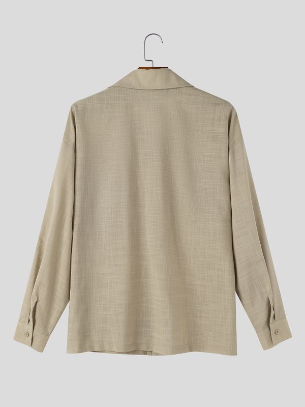 Men's Retro Urban Casual Textured Patch Pocket Drop Shoulder Long Sleeve Camp Collar Shirt SKUL81830