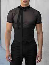 Men's Sheer Mesh Elongated Ribbon Tie Short Sleeve T-shirt SKUL56286