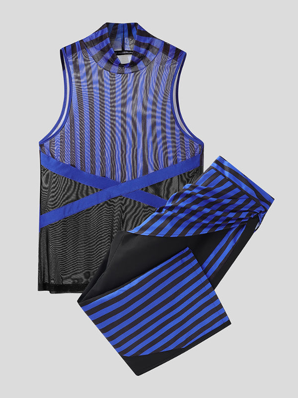 Men's Striped Colorblock Sheer Mesh Two Pieces Outfit SKUL23516