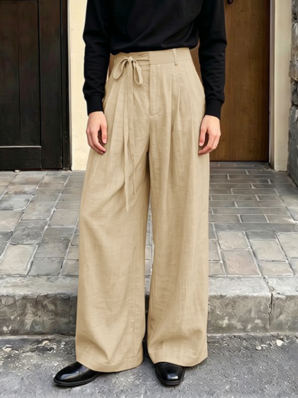 Men's Casual Daily Wear Pleated Drawstring Loose Casual Wide Leg Pant SKUL68403