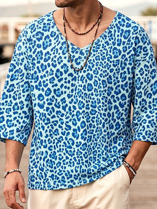 Men's Vintage Holiday Leopard Animal Print V Neck Three Quarter Sleeve T-shirt SKUL73712