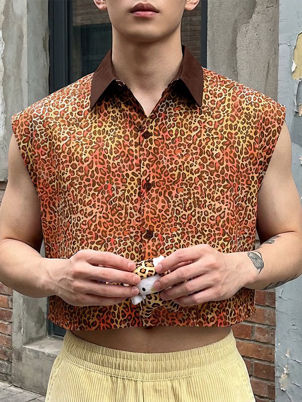 Men's Leopard Print Cropped Sleeveless Shirt SKUL56147