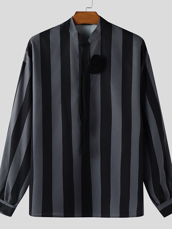 Men's 3D Floral Patchwork Striped Long Sleeve Shirt SKUL47790