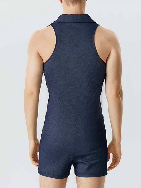 Mens Solid Lapel Sleeveless Bodysuit With Belt SKUK11247