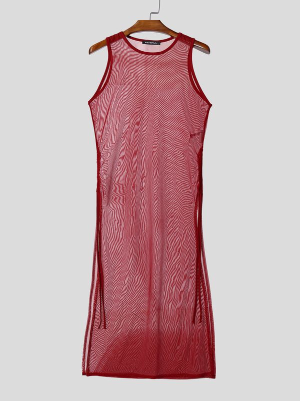 Men's Avant-Garde Sheer Mesh Ultra-High Side Slit Sleeveless Longline Tank SKUL57741