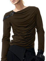 Men's Solid Color Leather Buckle Patchwork Long Sleeve T-shirt SKUL42293