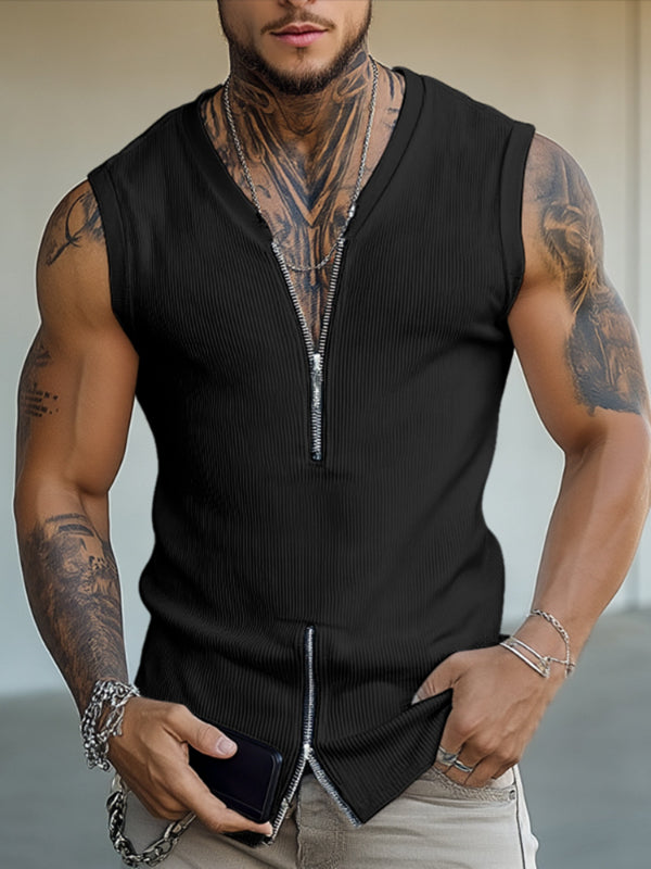 Mens Solid Color Textured Zipper Casual Tank SKUL20207