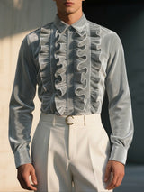 Men's Velvet Ruffle Long Sleeve Shirt SKUL42684