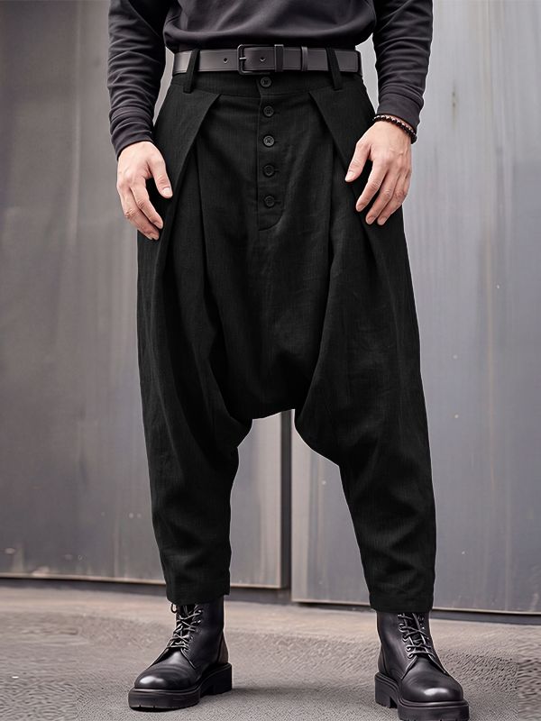Men's Avant-Garde Low Drop Crotch Button Fly Deep Pleated Ankle Length Harem Pant SKUL84002