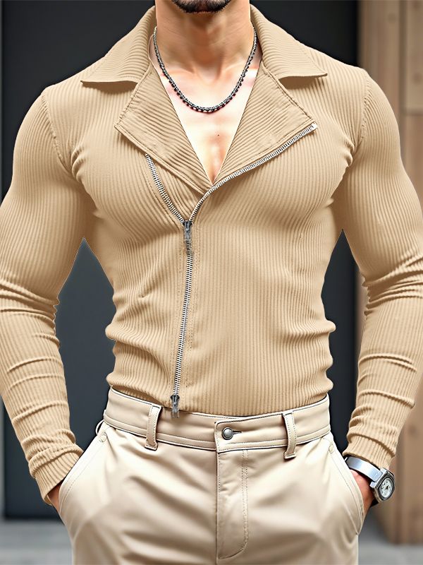 Men's Knitted Texture Lapel Double Zip Long Sleeve Cardigan SKUL35091