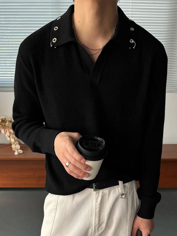 Men's Solid Color Textured Metal Eyelet Long Sleeve Shirt SKUL43971