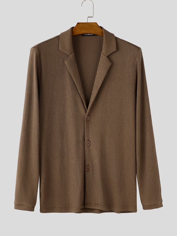 Men's Early Autumn Urban Casual Ribbed Knit Button Down Long Sleeve Lapel Collar Cardigan SKUL79219