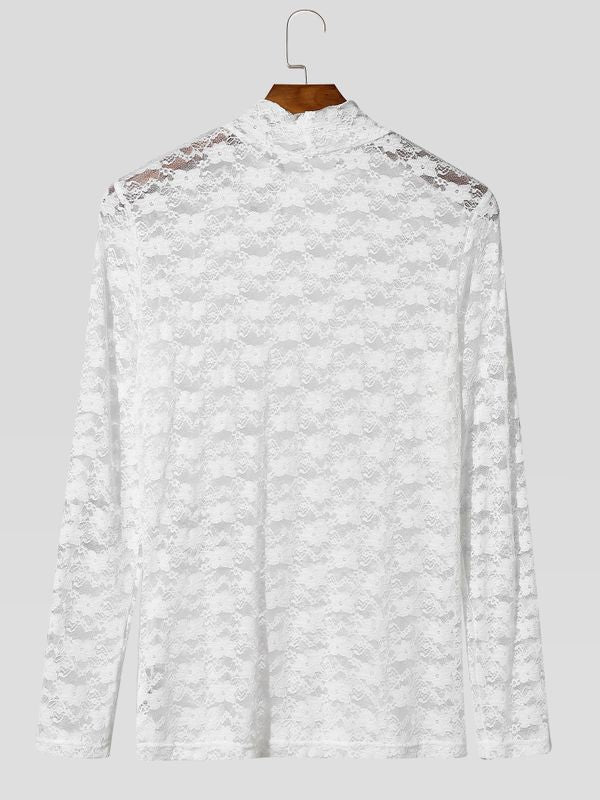 Men's Sexy Clubwear Sheer Floral Lace Muscle Form-Fitting Long Sleeve Mock Neck T-shirt SKUL83129
