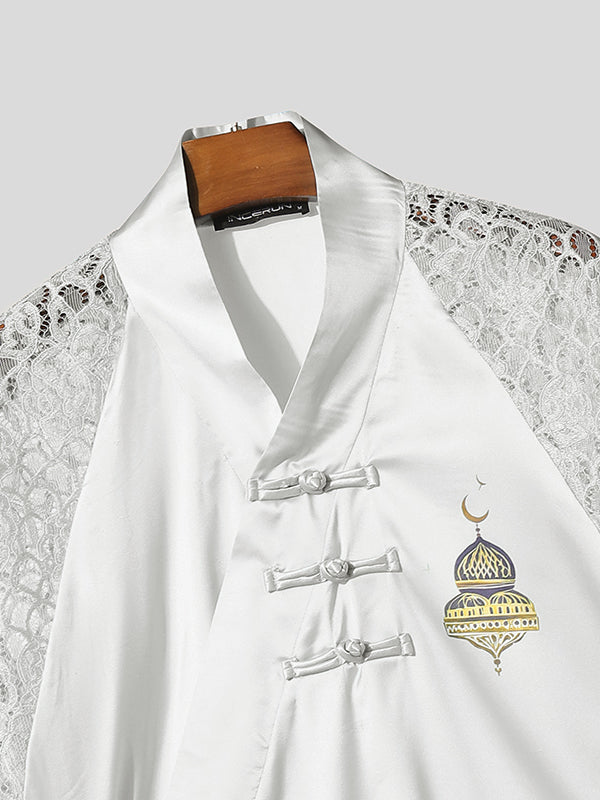 Men's New Chinese Style Lace Patchwork Mosque Graphic Frog Button Cardigan SKUL61201