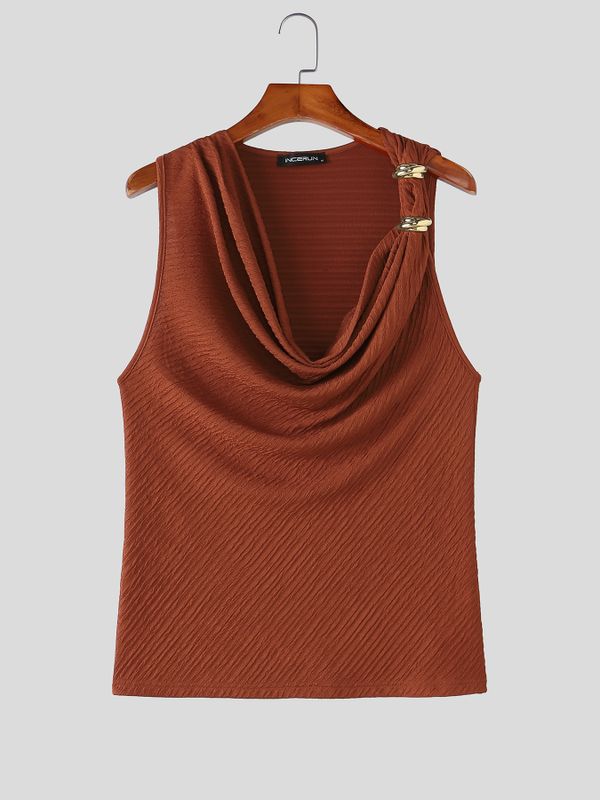 Men's Avant-Garde Dandy Aesthetic Metal Ring Detail Cowl Neck Fitted Tank SKUL69203