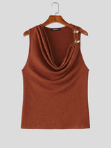 Men's Avant-Garde Dandy Aesthetic Metal Ring Detail Cowl Neck Fitted Tank SKUL69203