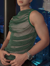 Men's Gender-Fluid Fashion Sheer Glitter Mesh Ruched Fit Tank SKUL72609