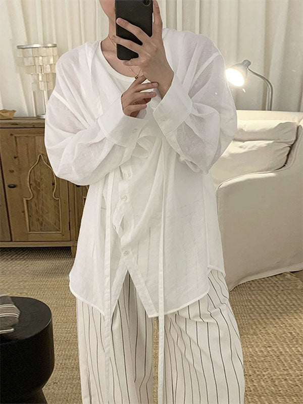 Men's Loose Ribbon Long Sleeve Shirt SKUL24764