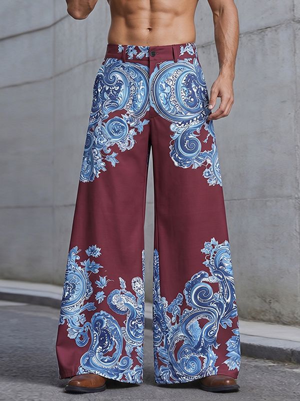 Men's Avant-Garde Paisley Print High-Waisted Fluid Extra Wide-Leg Drape Pant SKUL66887