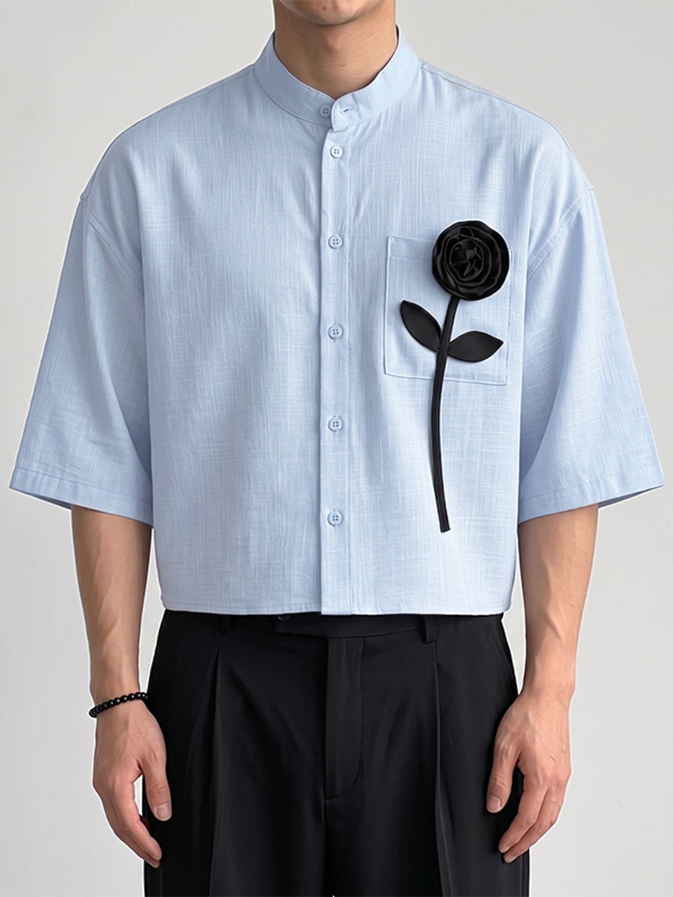 Men's Retro Resort Floral Applique Pocket Feel Drop Shoulder Half Sleeve Band Collar Shirt SKUL81852