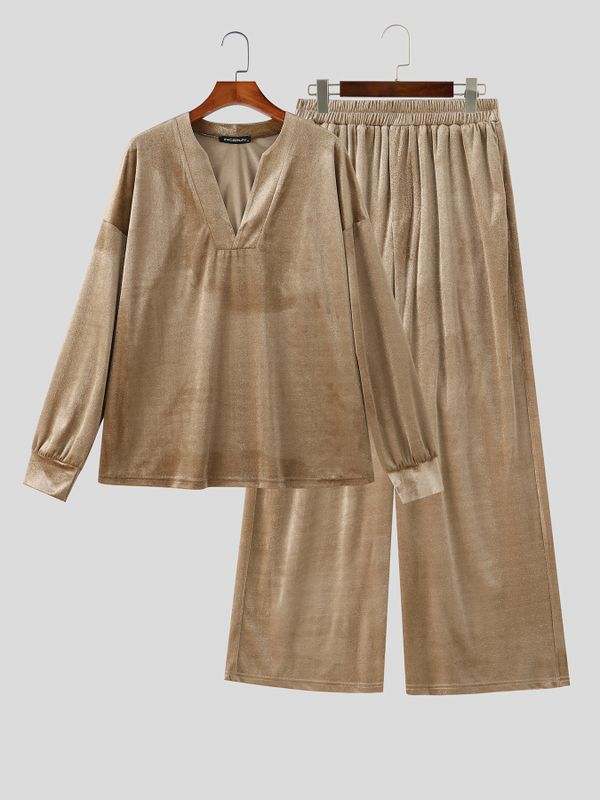 Men's Casual Oversized Velour Deep-V Two Pieces Outfit SKUL79072
