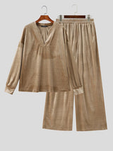 Men's Casual Oversized Velour Deep-V Two Pieces Outfit SKUL79072