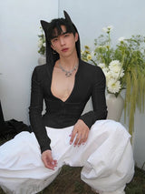 Men's Deconstructed Bat Ear Long Sleeve Zipper T-shirt SKUL35256