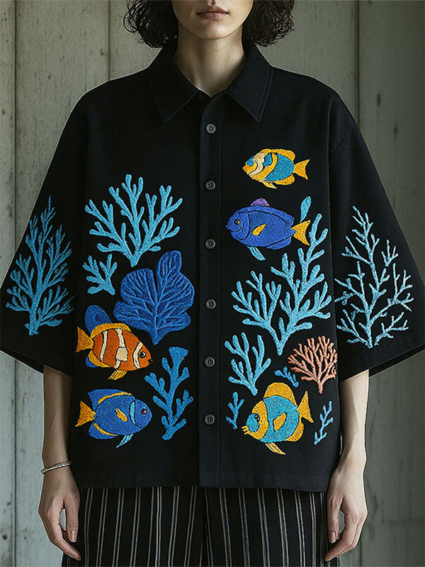 Men's Underwater World Embroidered Short Sleeve Shirt SKUL17936