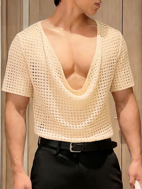 Men's Hollow Mesh Pocket Collar Short Sleeve T-shirt SKUL54095