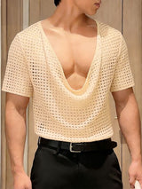 Men's Hollow Mesh Pocket Collar Short Sleeve T-shirt SKUL54095