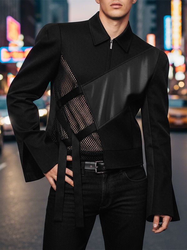 Men's Sheer Mesh Patchwork Zipper Lapel Shirt SKUL50146